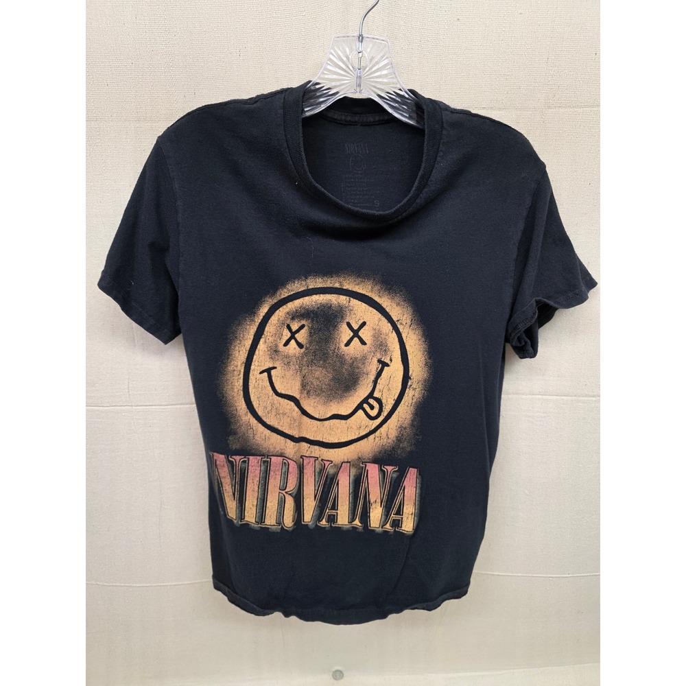 Nirvana Smiley Face‎ Graphic T-Shirt Black Spray Paint Style Rock Band Tee Small